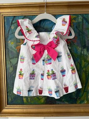 Girls White Sundress with Pink Bow and Potted Plant Print
